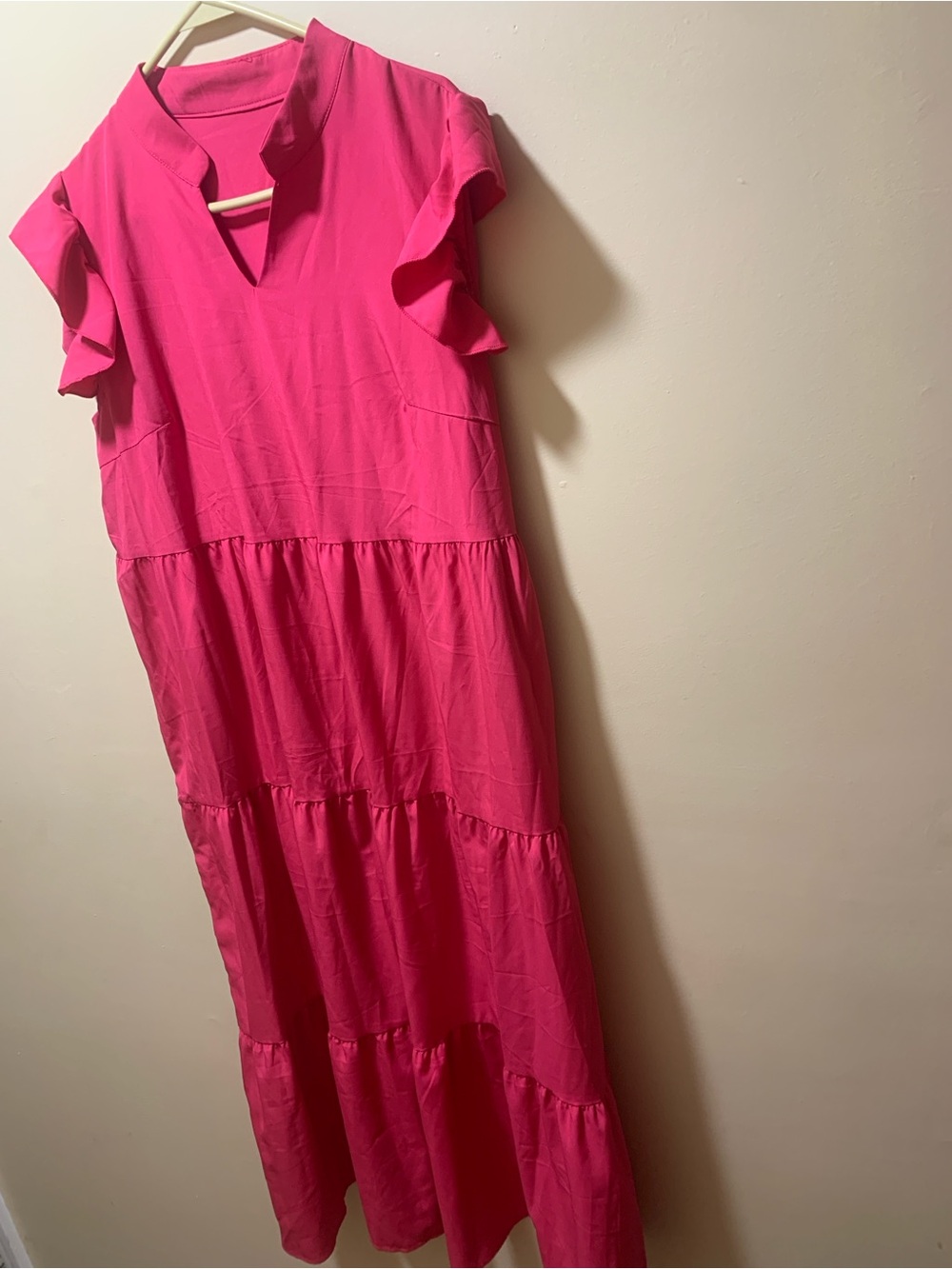 Women’s Bright Pink Tiered Maxi Dress - Elegant Flutter Sleeve Style